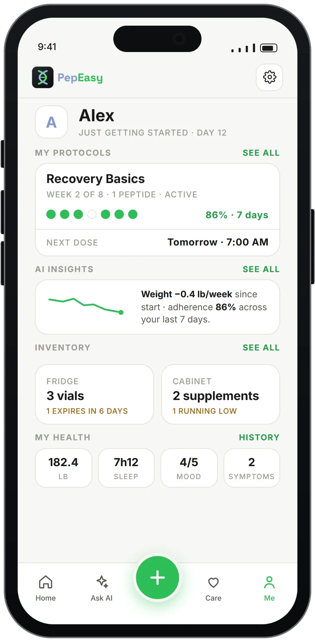 PepEasy™ progress dashboard shown on a phone